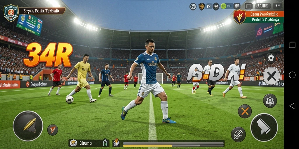 Screenshot utama 34R menunjukkan aksi pertandingan sepak bola yang menegangkan.