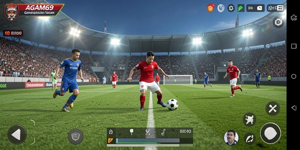 Screenshot gameplay AGAM69 yang menunjukkan aksi penuh di lapangan sepak bola.