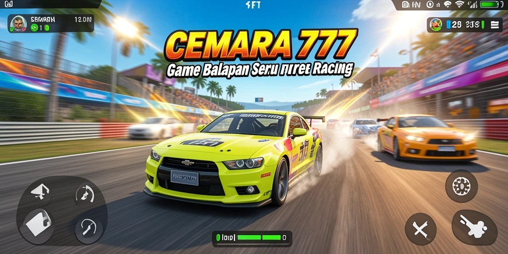 Tampilan gameplay seru CEMARA777 dengan mobil balap di lintasan.