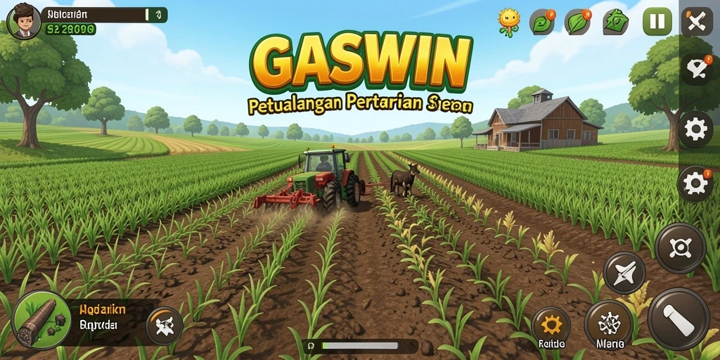 Screenshot gameplay GASWIN menampilkan kebun yang indah dan hewan ternak.