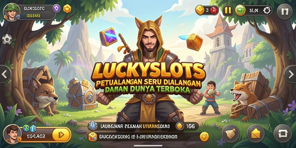 Screenshot LUCKYSLOTS menampilkan aksi petualangan di dunia terbuka.